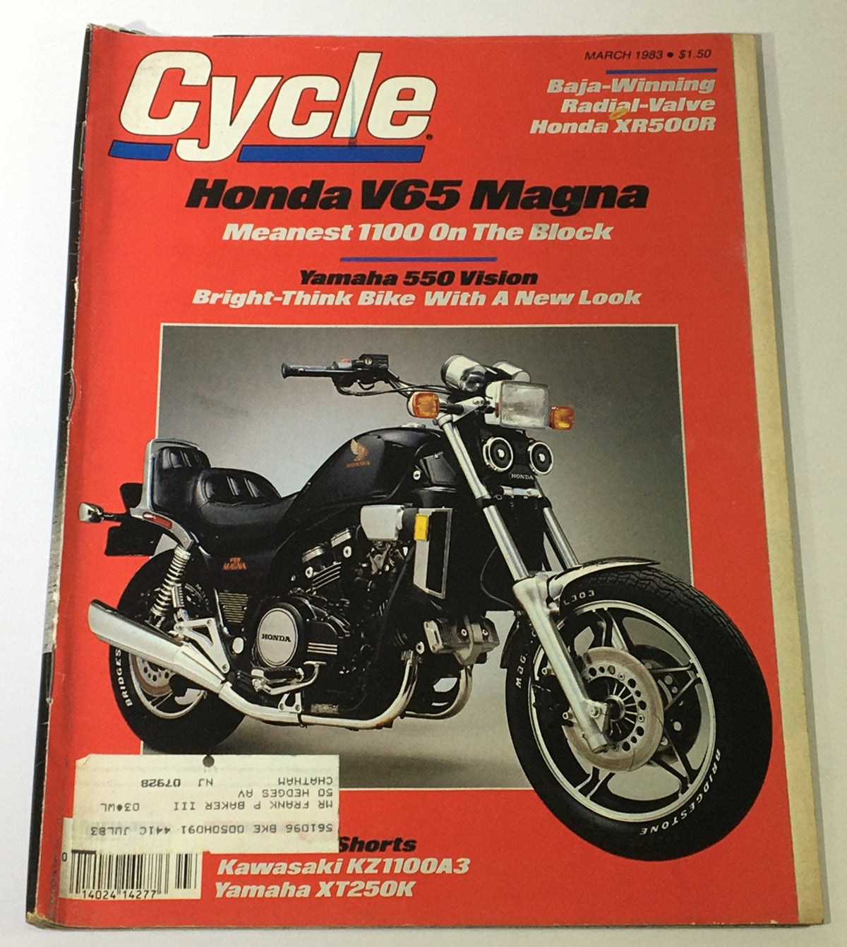 Cover of VTG Cycle Magazine from March 1983 featuring the Honda V65 Magna and Yamaha 550 Vision. The magazine highlights motorcycle technology and culture from the early 1980s.