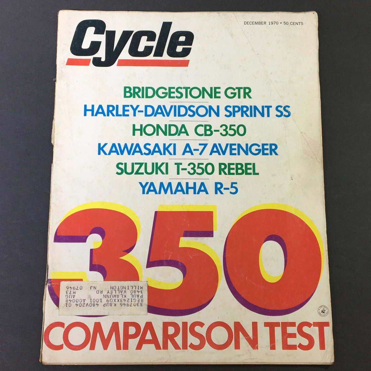 Cover of VTG Cycle Magazine December 1970 featuring Bridgestone GTR, Harley-Davidson Sprint SS, and a comparison test of various motorcycles.