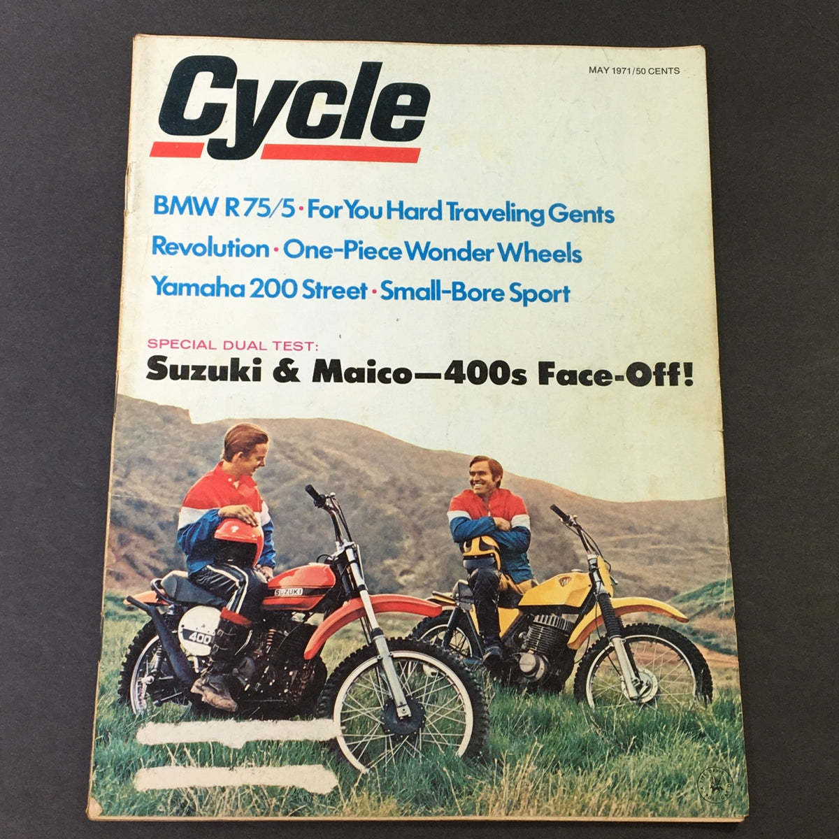 Cover of Cycle Magazine May 1971 featuring BMW R 75/5, Yamaha 2000 Street, and a special dual test on Suzuki & Maico.