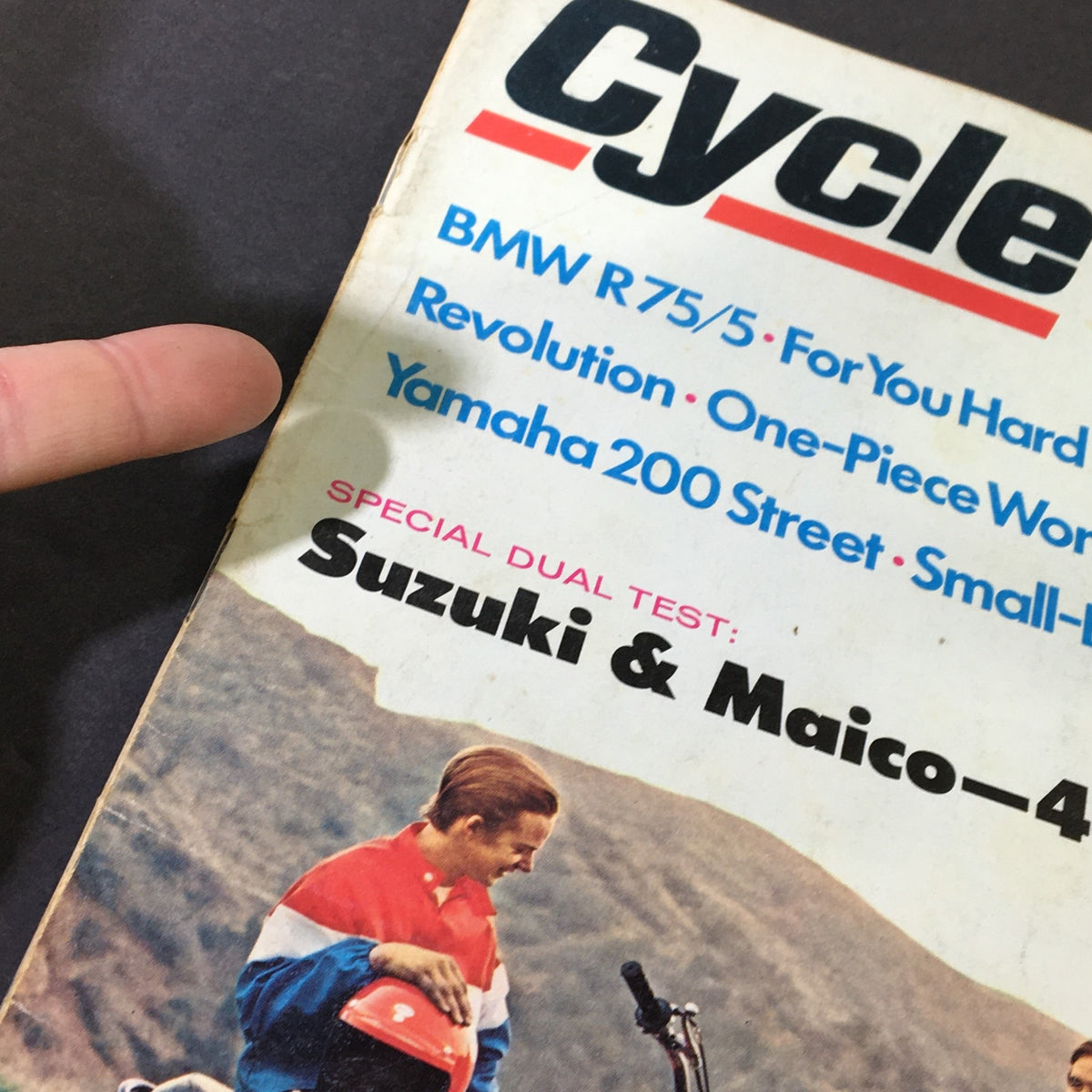 Detailed view of Cycle Magazine May 1971 cover highlighting the special dual test on Suzuki & Maico with a focus on motorcycle enthusiasts.