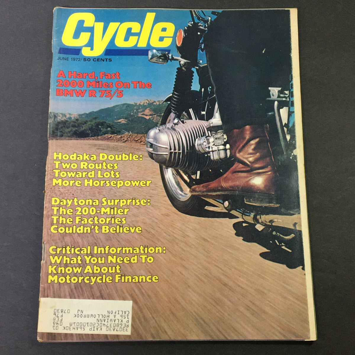 Cover of the VTG Cycle Magazine June 1972 featuring BMW R 75/5, Hodaka Double coverage, and Daytona Surprise. Highlights include motorcycle performance and racing culture from the early '70s.