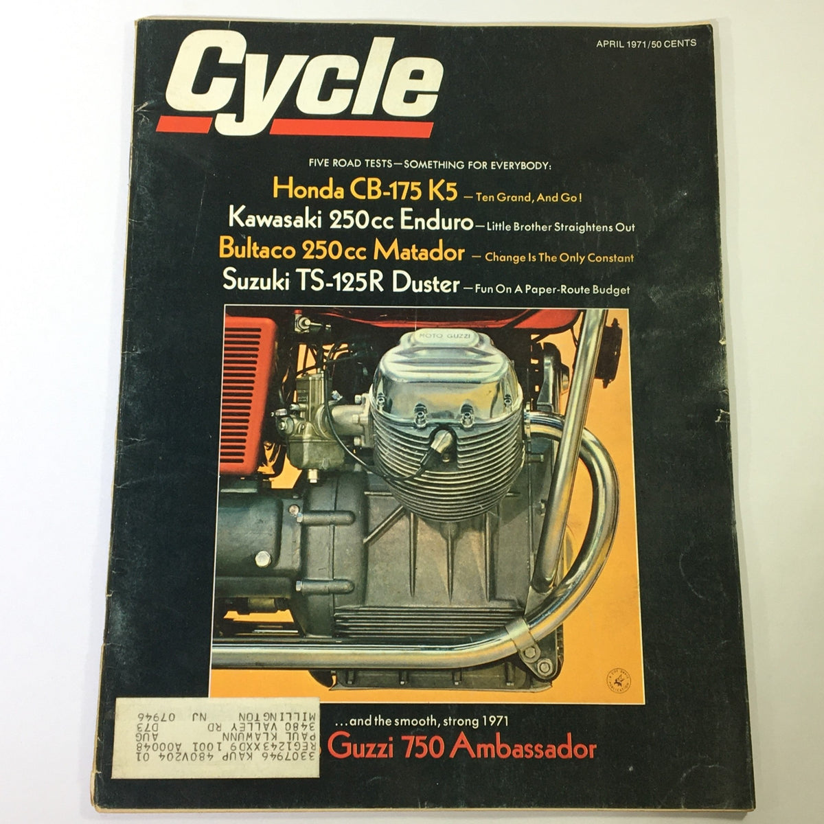 Cover of VTG Cycle Magazine April 1971 featuring Honda CD-175 K5 and Kawasaki 250cc Enduro, showcasing vintage motorcycle culture.