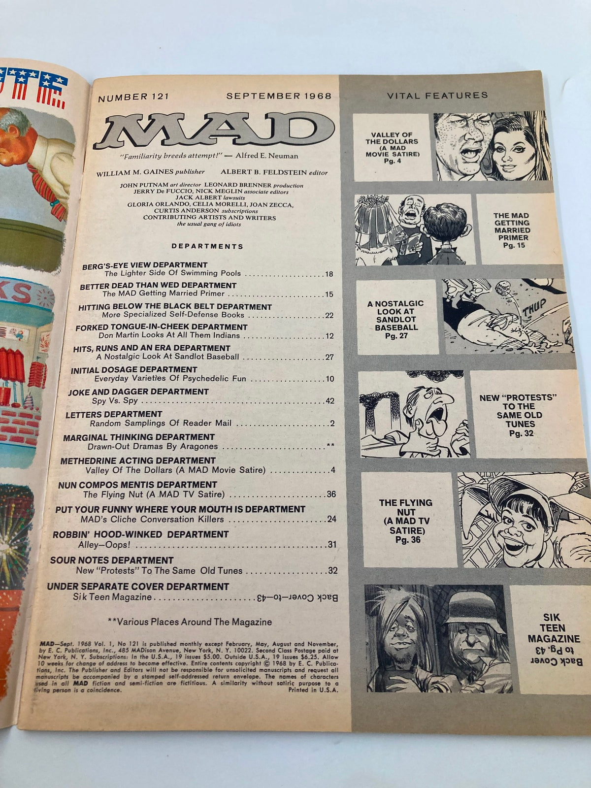 Interior page of Mad Magazine September 1968 No. 121 displaying the contents and departments of the issue, highlighting various satirical articles and features.