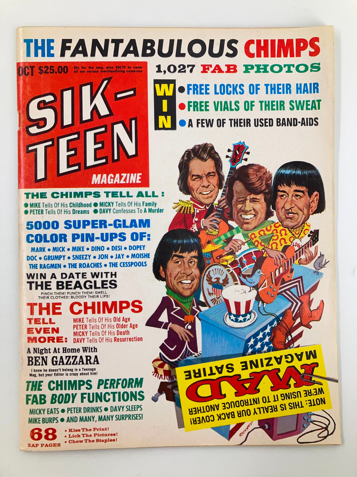 Cover of SIKE-TEEN Magazine featuring the headline 'THE FANTABULOUS CHIMPS' with colorful graphics, showcasing a vintage design from October with references to popular culture and music.
