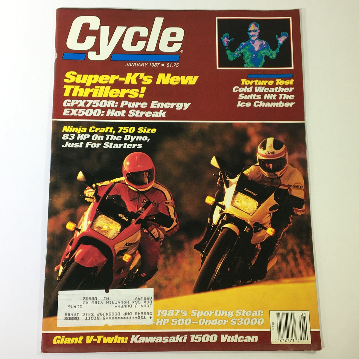Cover of VTG Cycle Magazine January 1987 featuring Super-K GPX750R, EX500, and Ninja Craft 750, showcasing two motorcyclists in action.
