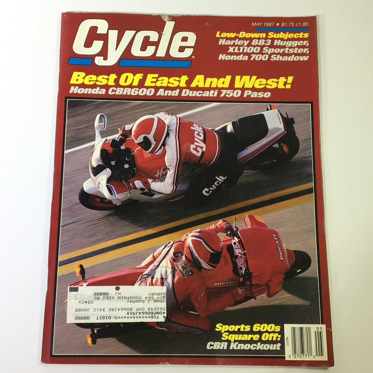 Cover of VTG Cycle Magazine May 1987 featuring Harley 883 Hugger, XL1100 Sportster, and Honda 700 Shadow with vibrant motorcycle imagery.