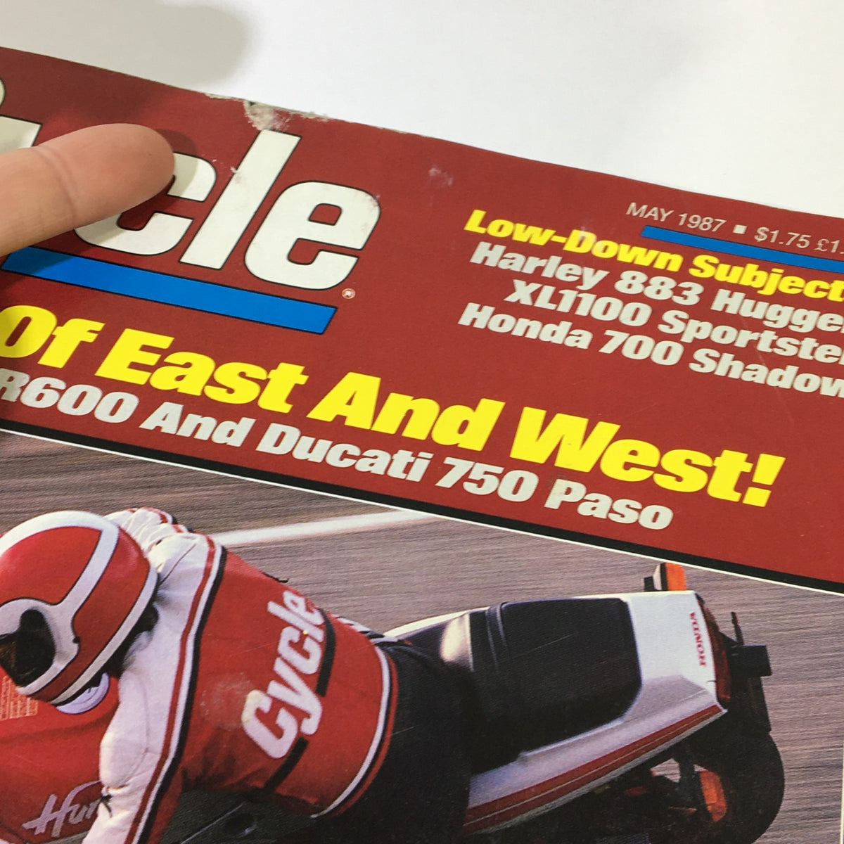 A close-up of VTG Cycle Magazine May 1987 cover highlighting Harley 883 Hugger, XL1100 Sportster, Honda 700 Shadow, and Ducati 750 Paso.