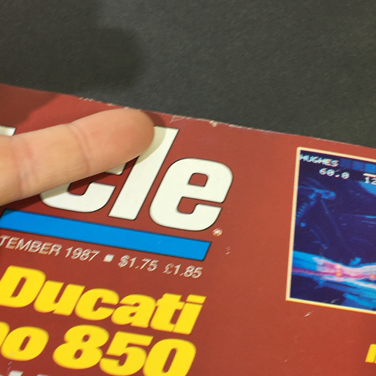 Close-up of the title section on the cover of VTG Cycle Magazine September 1987, showcasing the Ducati Desmo 850 and featuring pricing details.