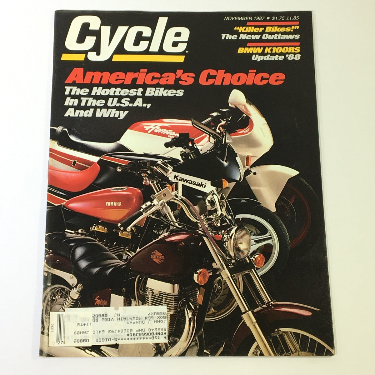 Cover of VTG Cycle Magazine November 1987 featuring the BMW K100RS 1988 and various motorcycles, highlighting killer bikes, new outlaws, and America's choice of the hottest bikes in the U.S.