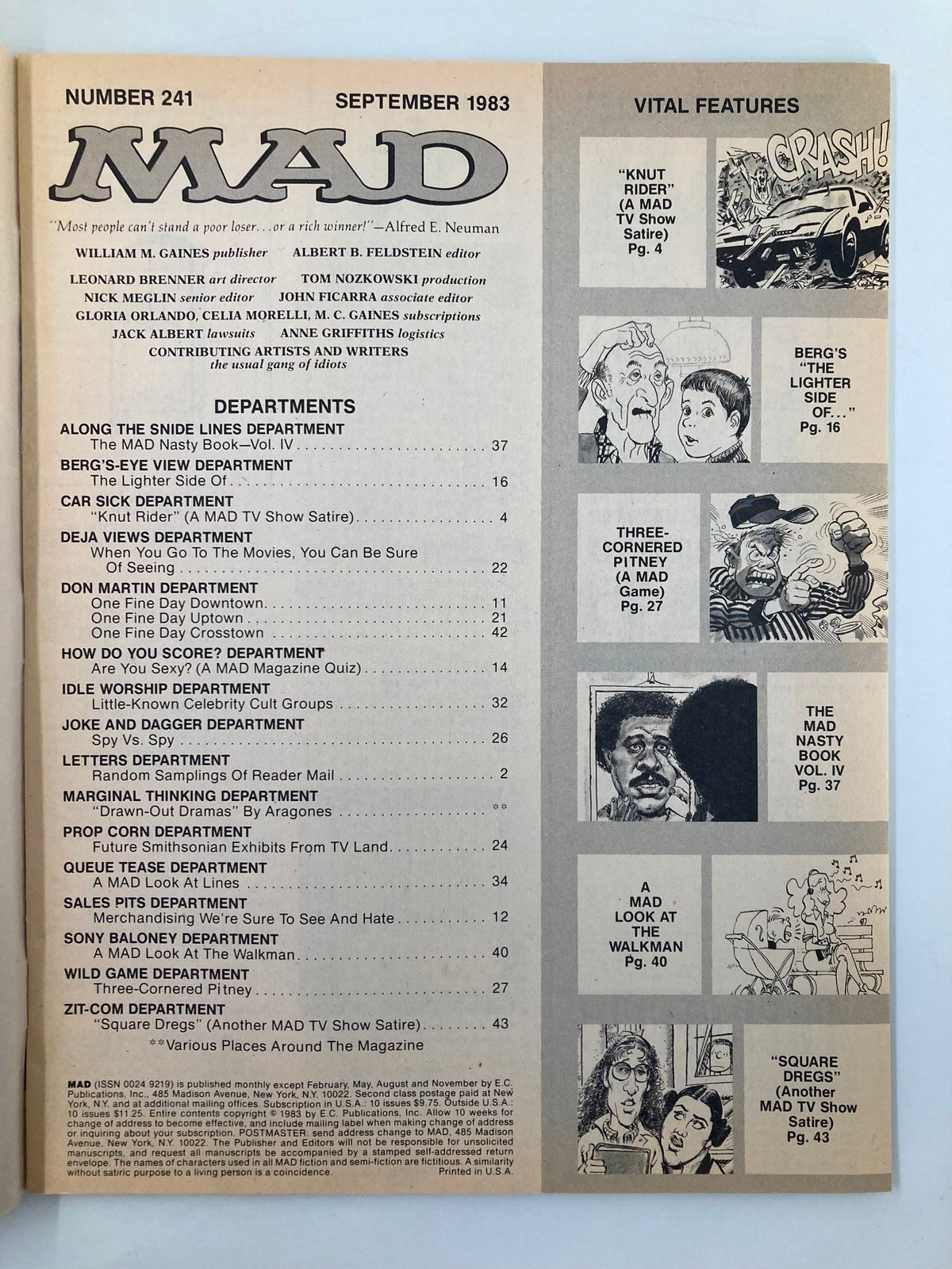 Interior page of Mad Magazine September 1983 No. 241 displaying the table of contents and vital features, highlighting various satirical pieces and departments within the magazine.
