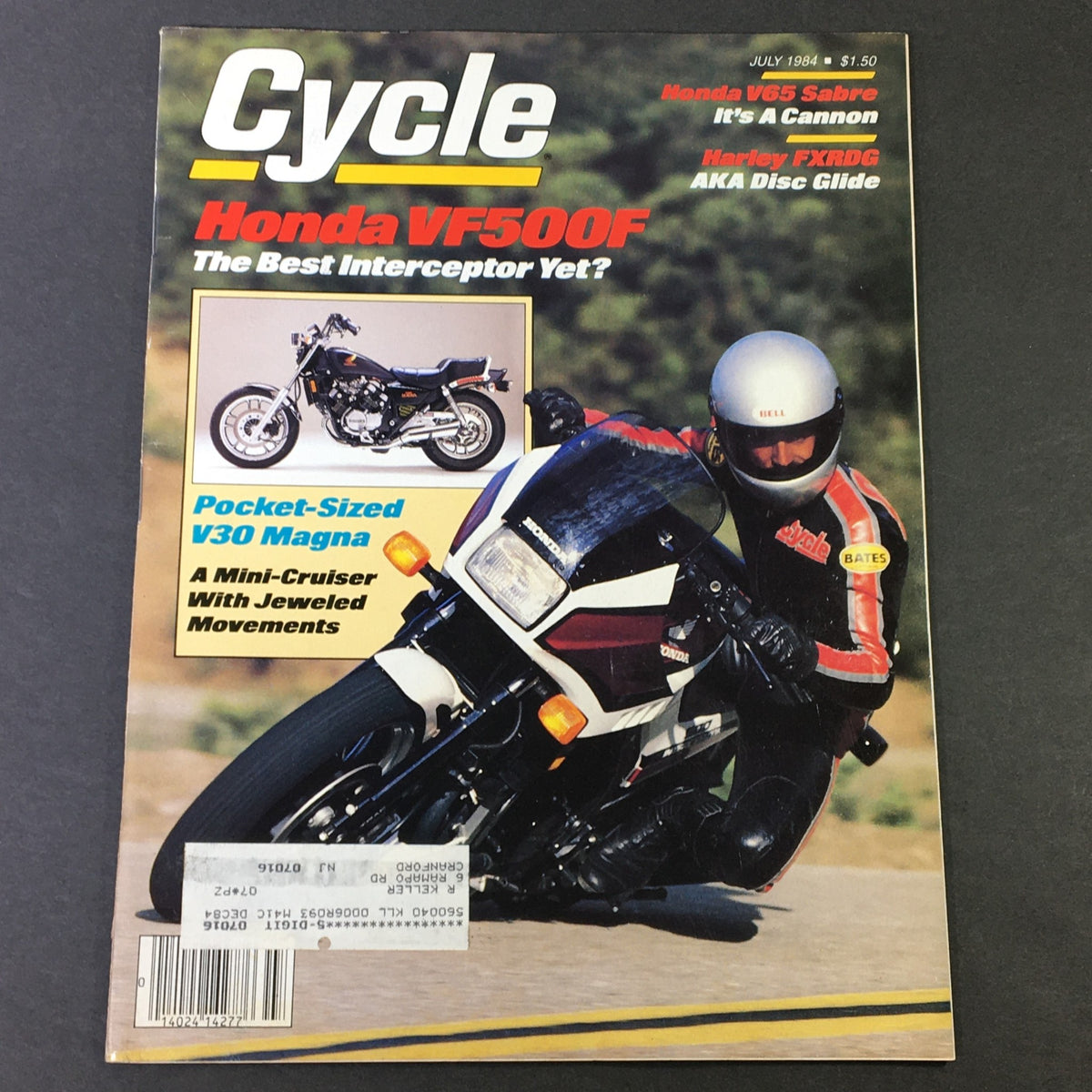Vintage Cycle Magazine July 1984 showcasing the Honda VF500F on the cover, featuring insights on Honda V65 Sabre, Harley FXRDG, and motorcycle culture of the 1980s.