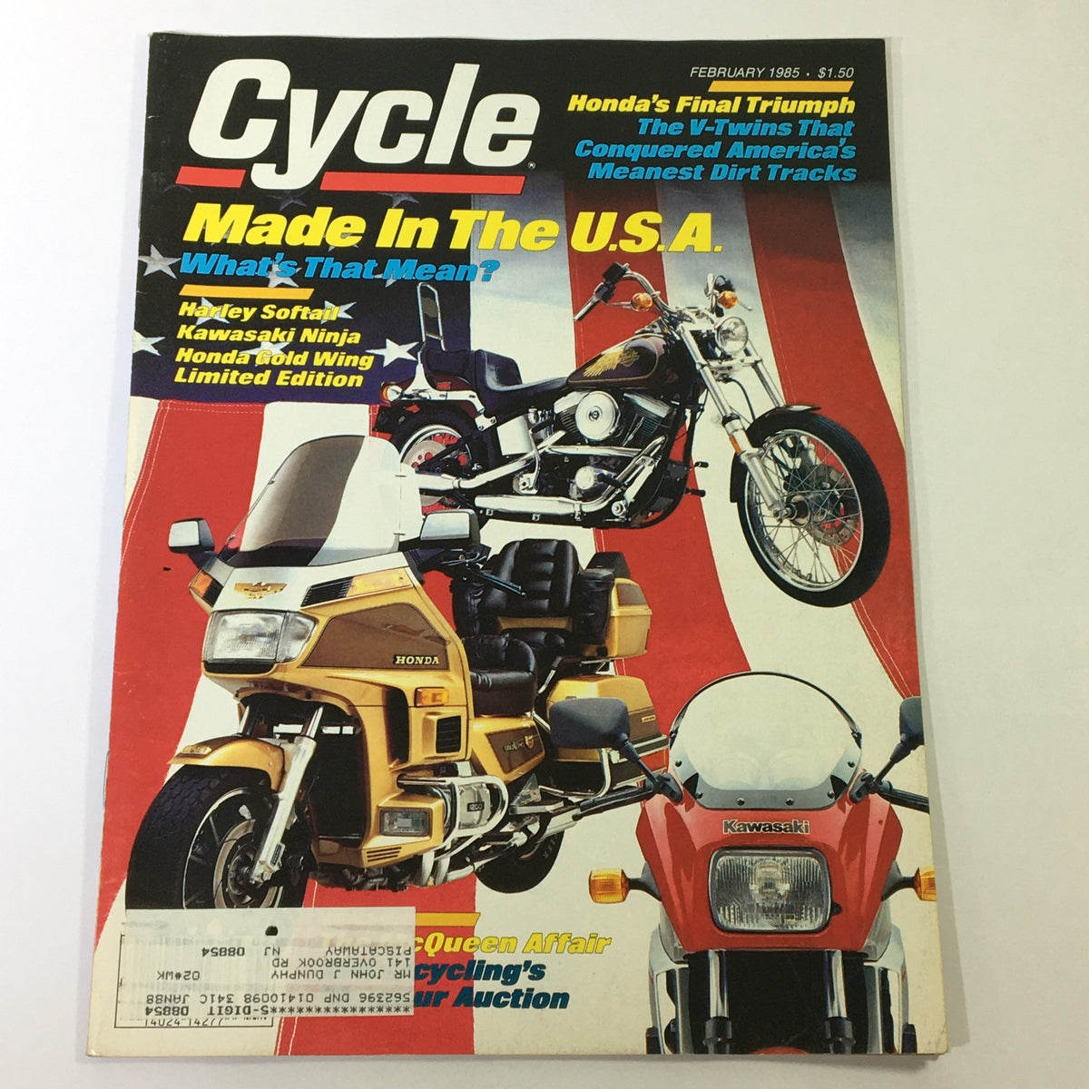 Cover of VTG Cycle Magazine February 1985 featuring iconic motorcycles including Honda Gold Wing, Kawasaki Ninja, and Harley Softail. Highlights motorcycle culture of the 1980s.