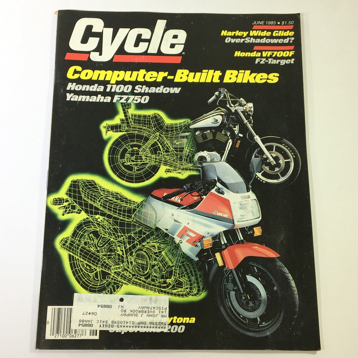 Cover of VTG Cycle Magazine June 1985 featuring Honda 1100 Shadow, Honda VF700F, and Yamaha FZ750. The design includes computer-generated graphics of the motorcycles.