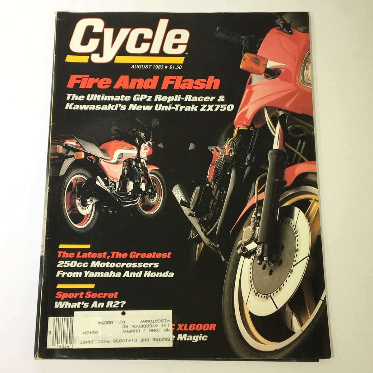 Cycle Magazine August 1983 featuring Kawasaki Uni-Trak ZX750 on the cover, showcasing motorcycle culture and the latest models from Yamaha and Honda.