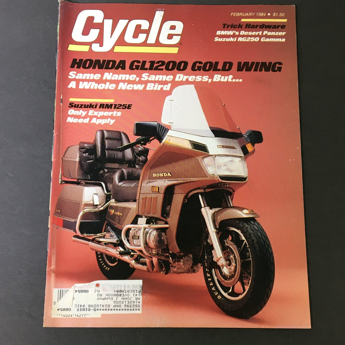 Cover of VTG Cycle Magazine February 1984 featuring the Honda GL1200 Gold Wing motorcycle, along with articles on BMW's Desert Panzer and Suzuki RG250 Gamma.