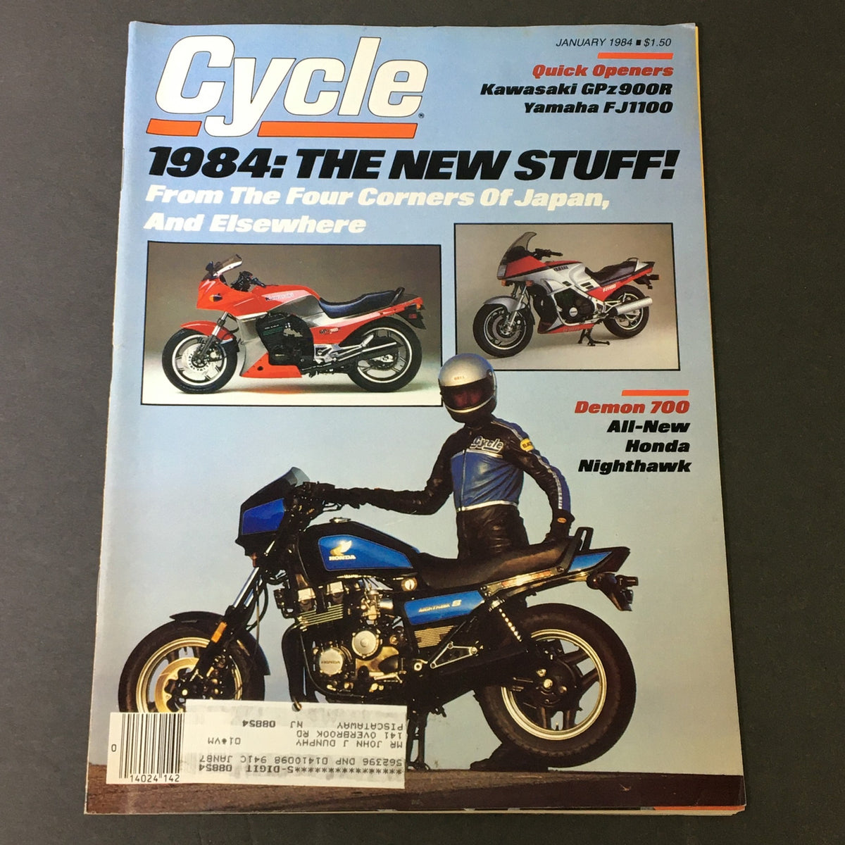 Front cover of VTG Cycle Magazine January 1984 featuring the Kawasaki GPz900R, Demon 700, and Honda Nighthawk, showcasing motorcycle culture and design advancements.