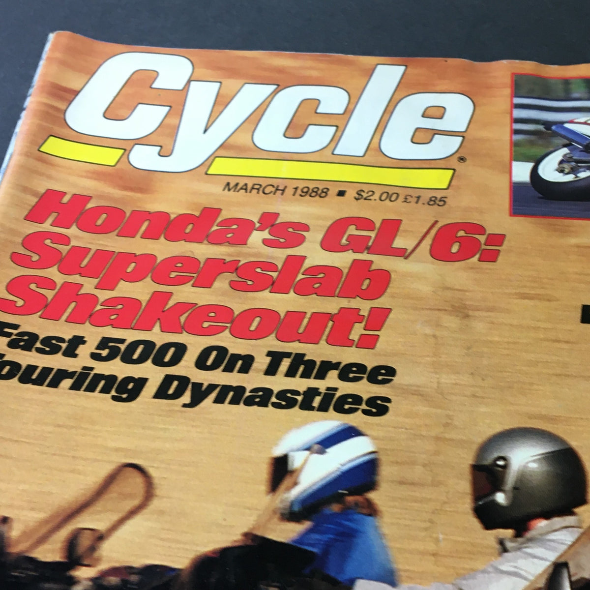 Close-up of Vintage Cycle Magazine March 1988 cover highlighting 'Honda's GL/6: Superslab Shakeout!' with visuals of motorcycles and riders.