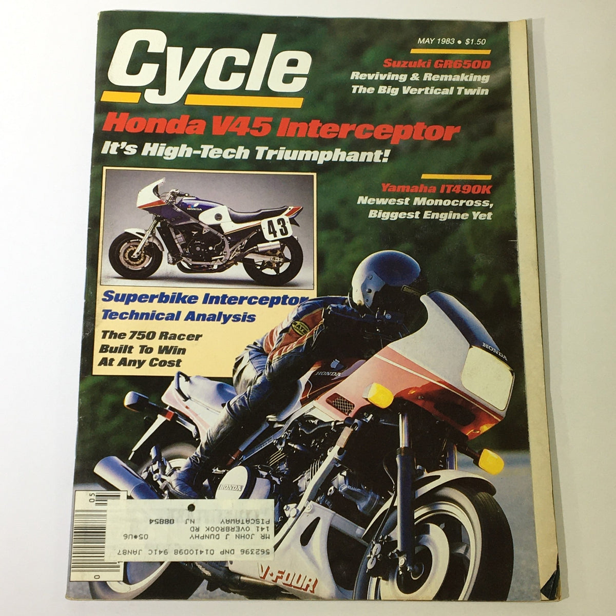 Cover of VTG Cycle Magazine May 1983 featuring Suzuki GR650D, Honda V45 Interceptor, and Yamaha IT490K, showcasing motorcycle culture and iconic models from the 1980s.