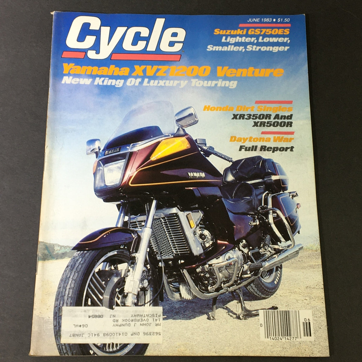 Vintage Cycle Magazine June 1983 featuring the Yamaha XVZ1200 Venture motorcycle on the cover, showcasing key highlights like Suzuki GS750ES and Honda XR350R, ideal for collectors and motorcycle enthusiasts.