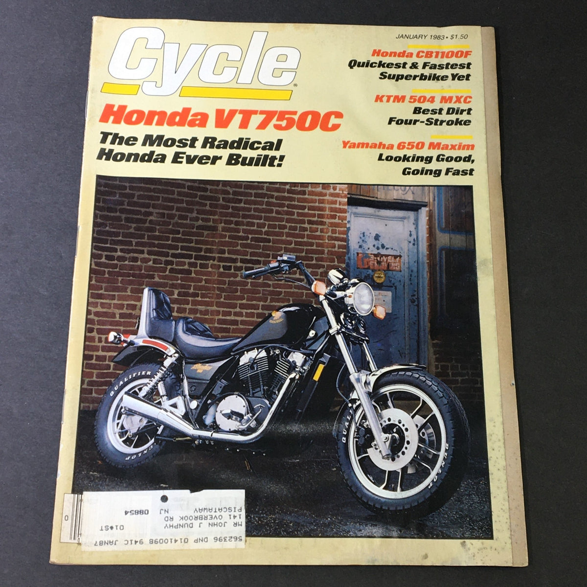 Cover of the January 1983 issue of VTG Cycle Magazine featuring the Honda VT750C motorcycle, along with highlights of models like Honda CB1100F, KTM 504 MXC, and Yamaha 650 Maxim.