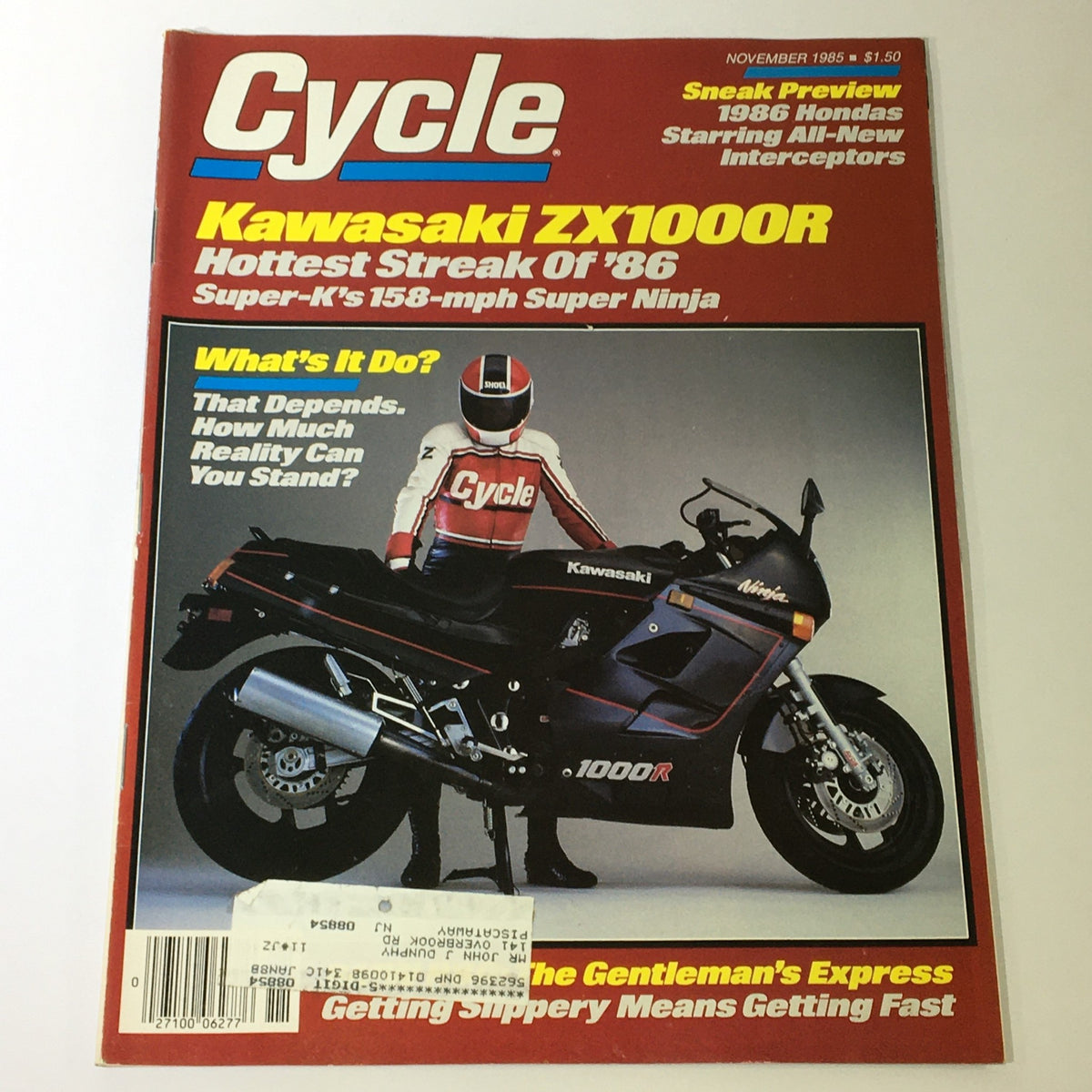 Cover of VTG Cycle Magazine November 1985 featuring the Kawasaki ZX1000R, showcasing the Super-K bike with a rider, highlighting its impressive 158-mph capabilities.