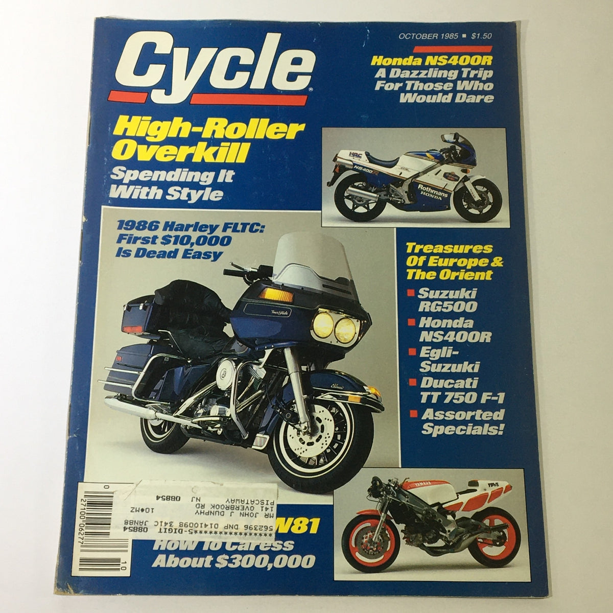 Vintage Cycle Magazine October 1985 cover featuring Honda NS400R, Suzuki RG500, and 1986 Harley FLTC, reflecting mid-1980s motorcycle culture.