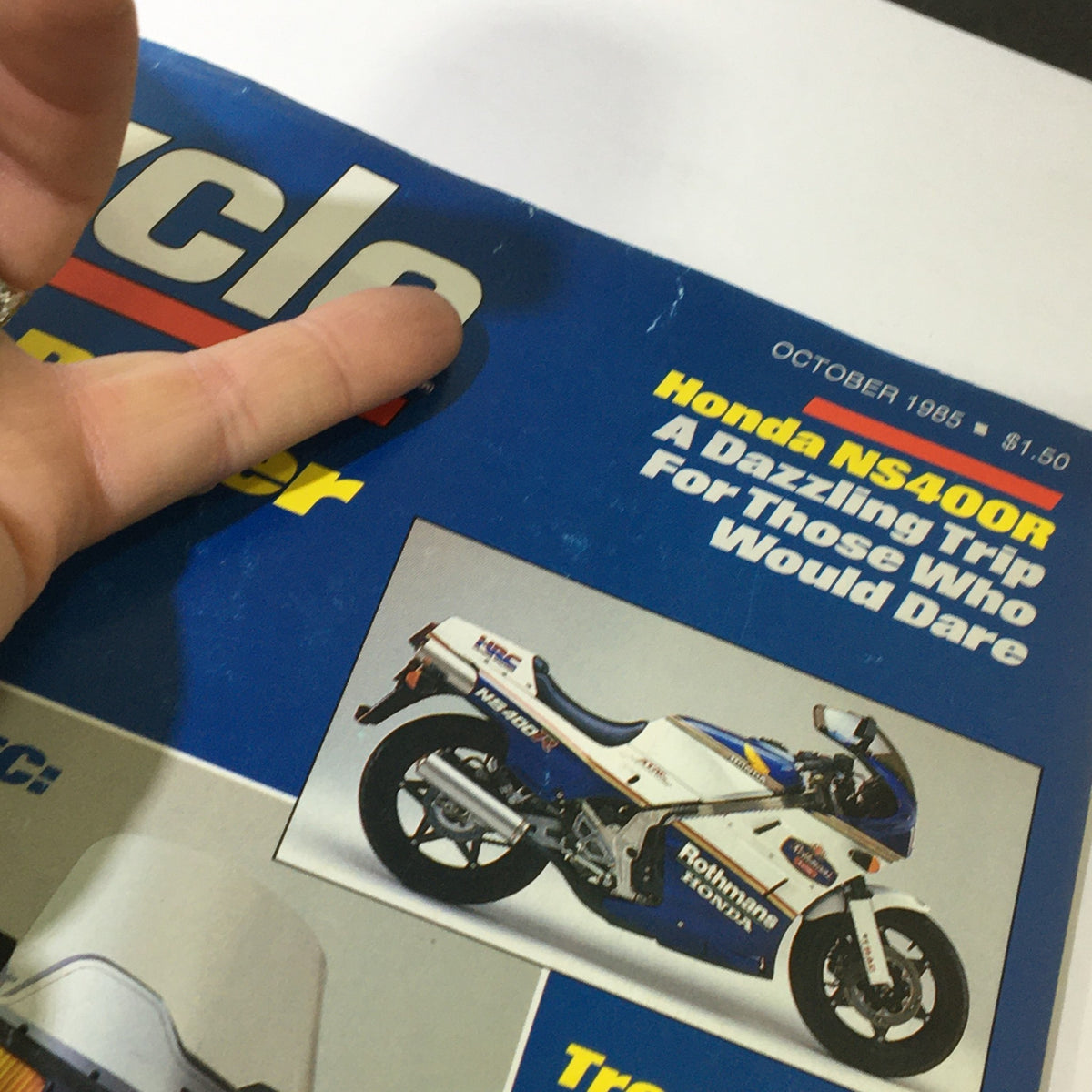Close-up of Vintage Cycle Magazine October 1985 cover highlighting Honda NS400R, showcasing bold title and vintage design elements.