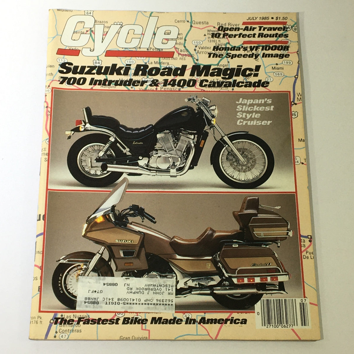 Cover of VTG Cycle Magazine July 1985 featuring the Suzuki 700 Intruder and 1400 Cavalcade, showcasing motorcycle designs from the 1980s.