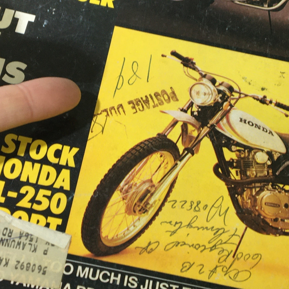Close-up of VTG Cycle Magazine February 1973 cover showing the Honda XL-250 bike with handwritten notes and a price tag.