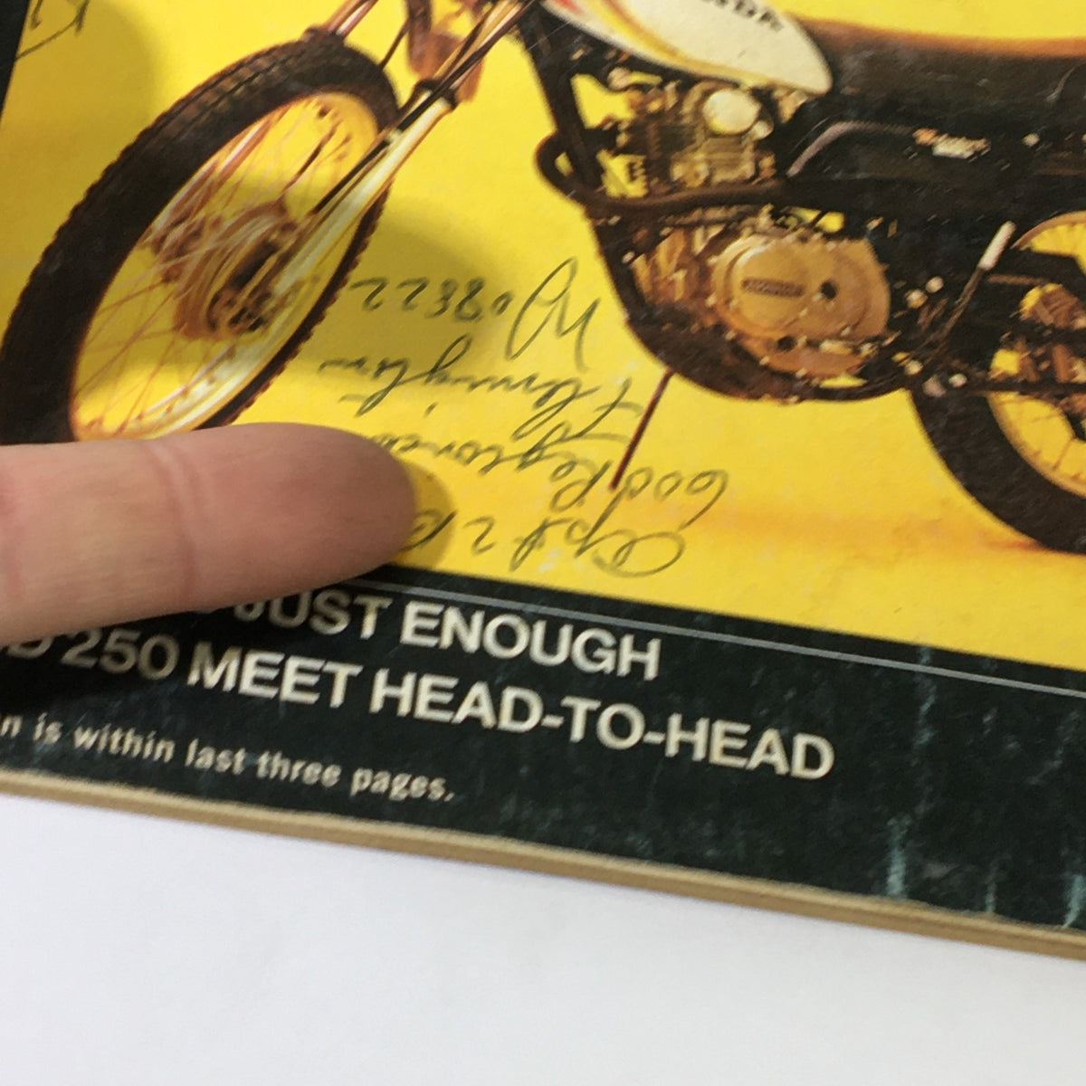 Detail shot of the Honda XL-250 illustration on the cover of VTG Cycle Magazine February 1973, including handwritten annotations.