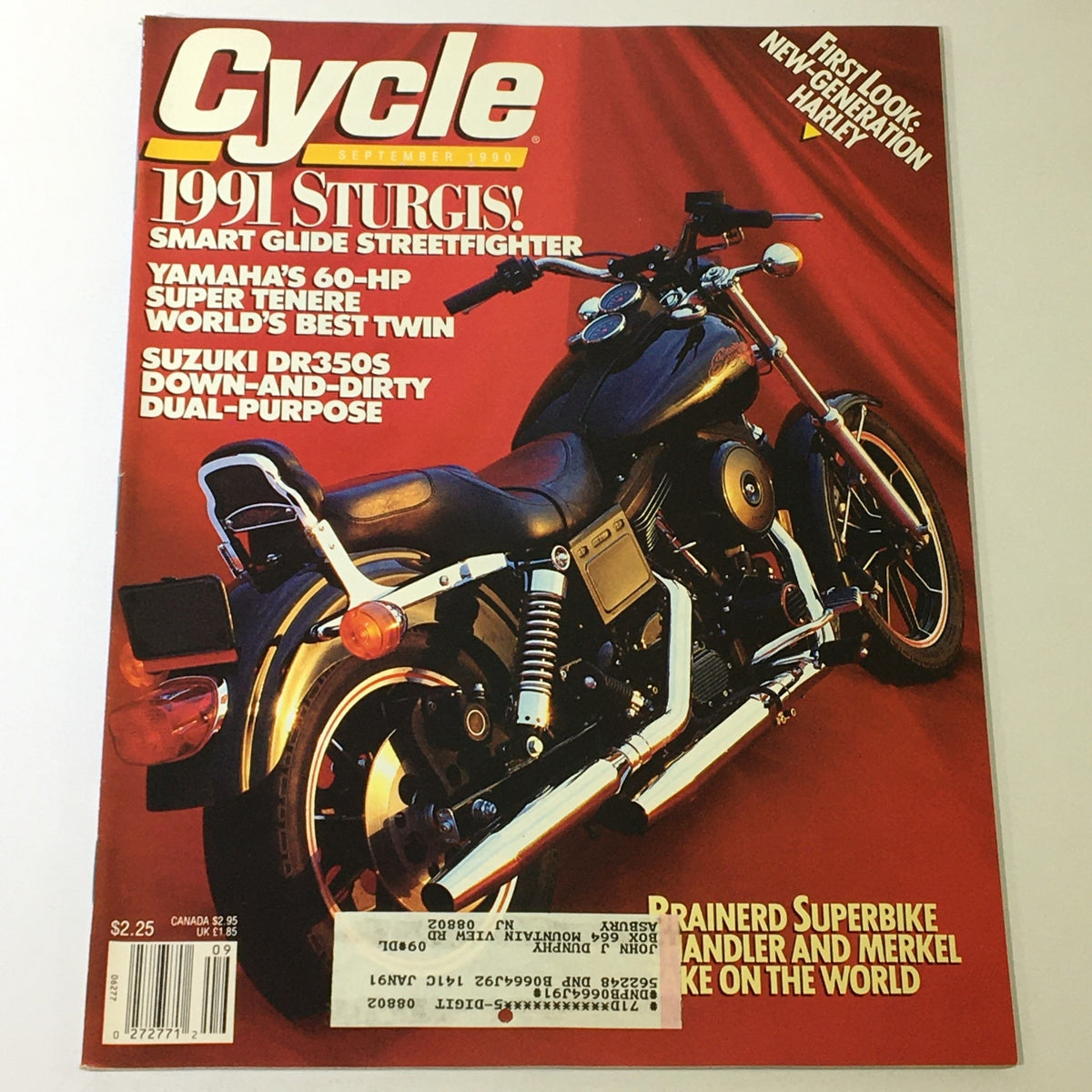 Cycle Magazine September 1990 cover featuring a motorcycle, highlighting articles on Yamaha 60-hp, Suzuki DR350S, and the 1991 Sturgis motorcycle rally.