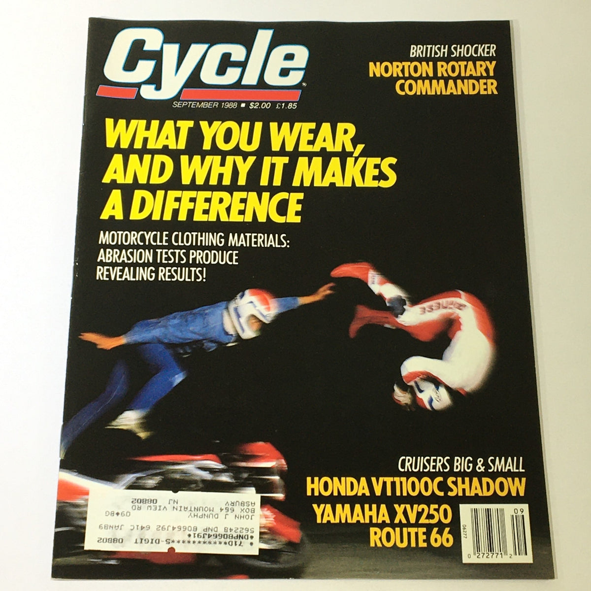 Cover of VTG Cycle Magazine September 1988 featuring Honda VT1100C Shadow, Yamaha XV250, and motorcycle clothing insights. The prominent text highlights 'What You Wear, and Why It Makes a Difference,' emphasizing motorcycle safety gear.