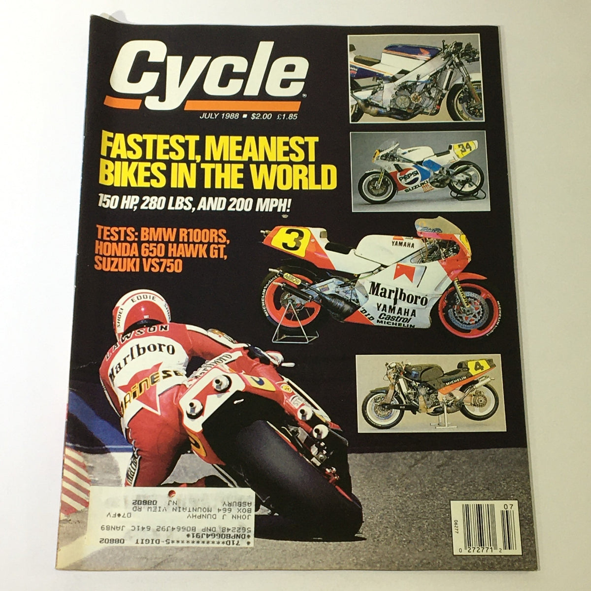 Front cover of VTG Cycle Magazine from July 1988 featuring the title 'Fastest, Meanest Bikes in the World' and showcased bikes including BMW R100RS, Honda 650 Hawk GT, and Suzuki VS750.