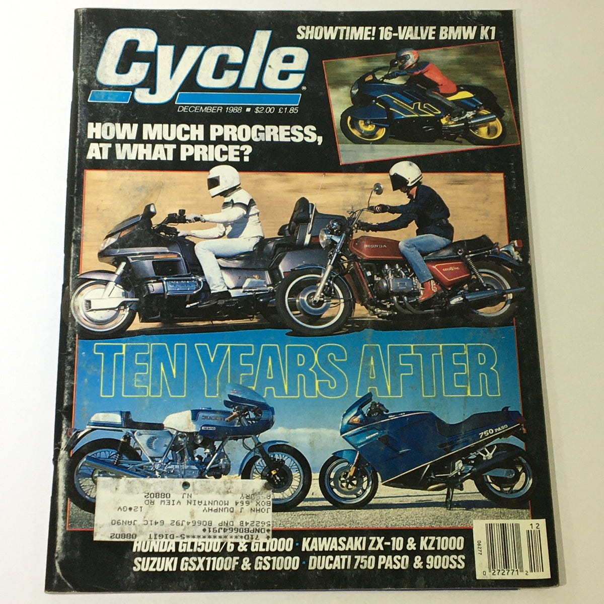 Cover of VTG Cycle Magazine December 1988 featuring Honda GL1500/6, GL1000, and Kawasaki ZX-10. Highlights include motorcycle reviews and vintage biking culture.