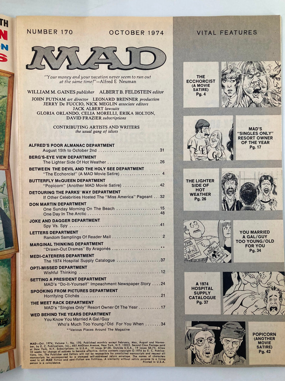 Inside page of Mad Magazine October 1974 No. 170 displaying the issue's contents, listing features such as movie satires and humorous articles, reflecting the magazine's comedic spirit.