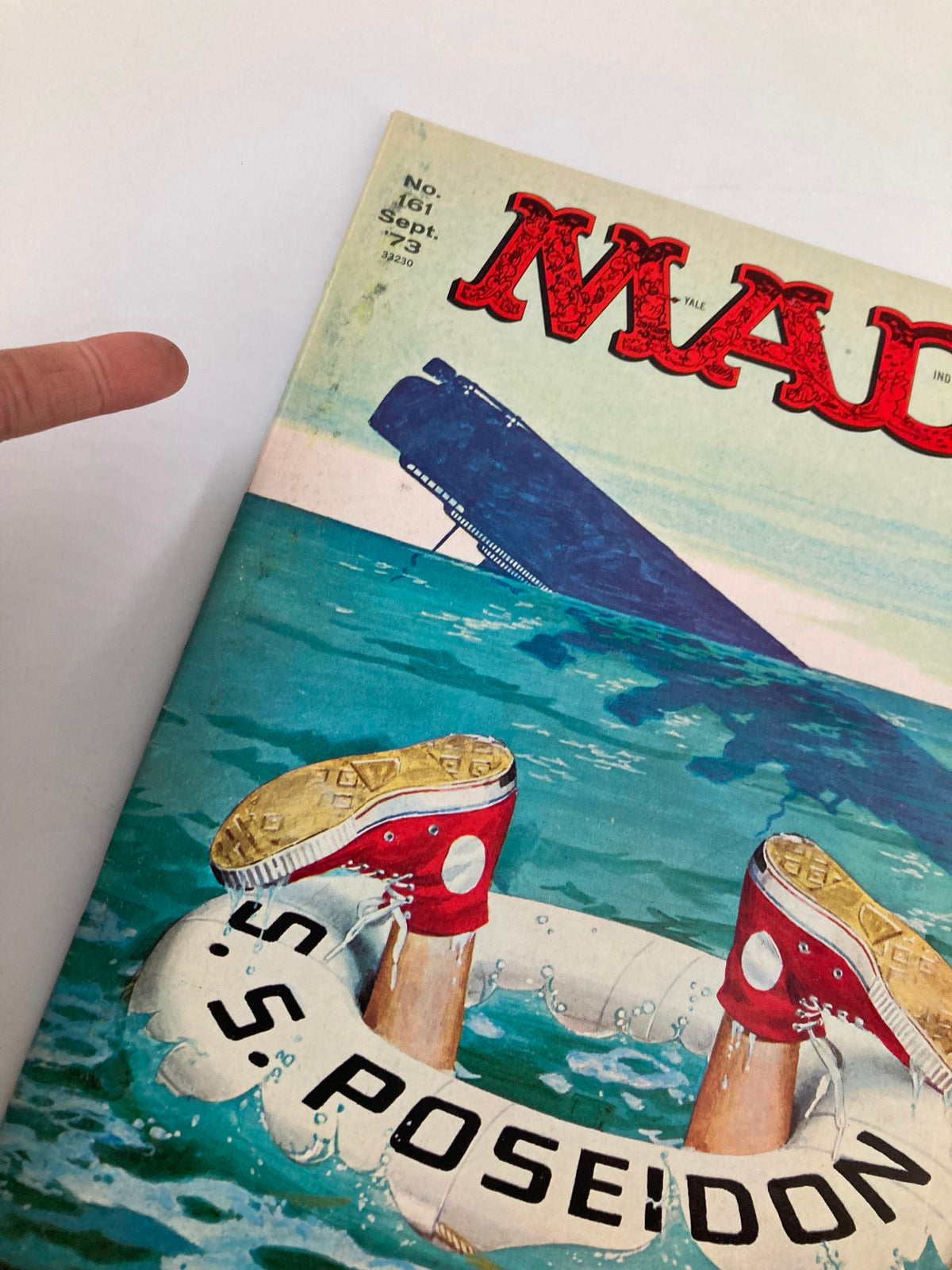 Close-up of Mad Magazine September 1973 No. 161 cover showing legs in a lifebuoy, detailing the artwork and magazine title.
