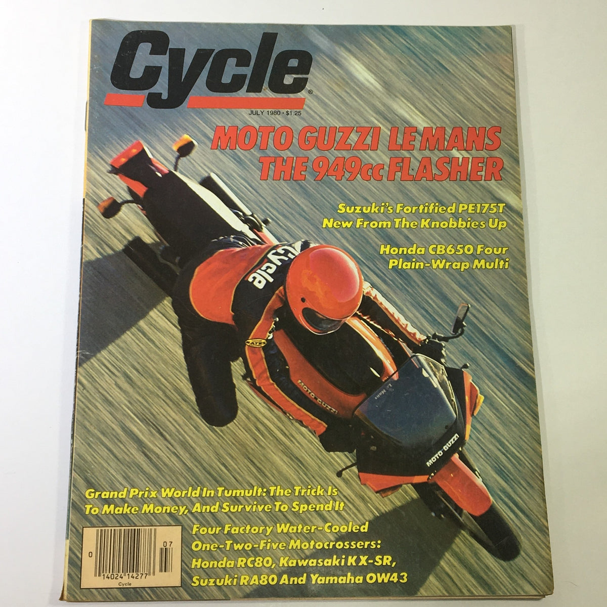 Cover of Cycle Magazine - July 1980 featuring Moto Guzzi Le Mans 949cc Flasher and Honda CB650-4. Highlighted topics include Suzuki's PE175 and motorcycle industry insights.