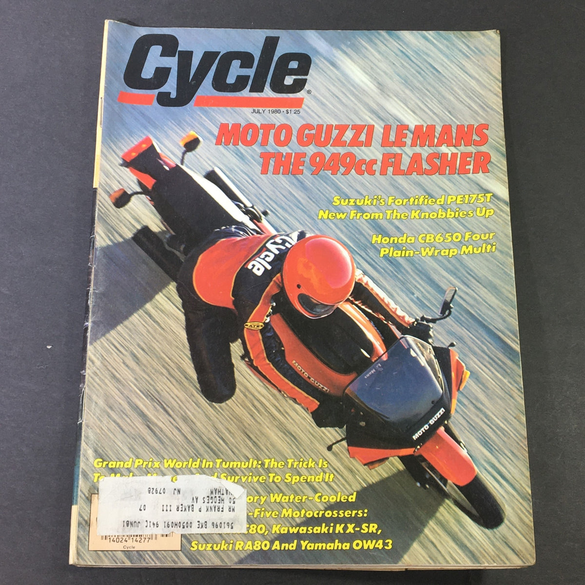 Vintage Cycle Magazine from July 1980 featuring Moto Guzzi Le Mans 949cc Flasher and Suzuki PE175T on the cover, showcasing motorcycle culture from the late 70s.