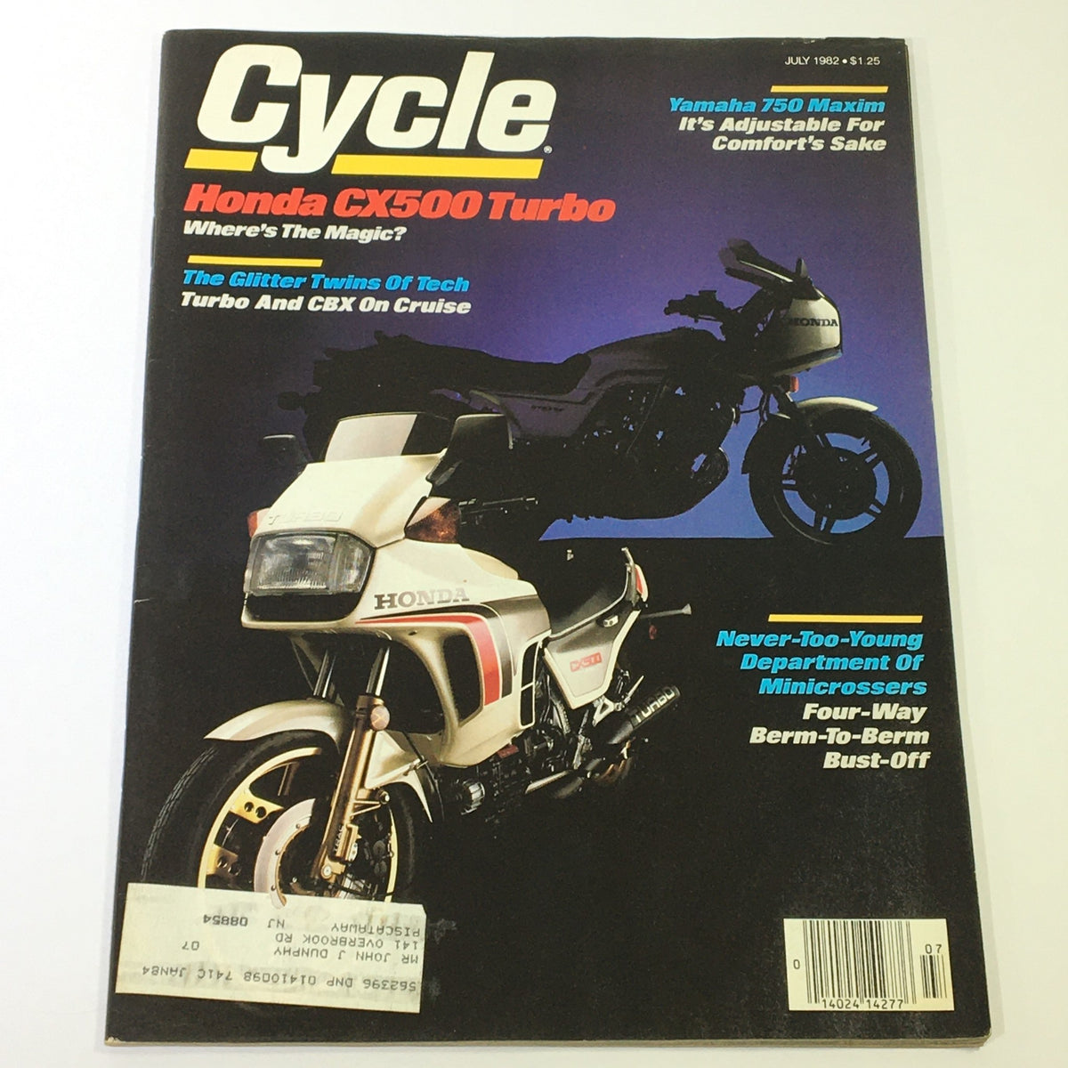 Cover of VTG Cycle Magazine July 1982 featuring Honda CX500 Turbo and Yamaha 750 Maxim comparison with vibrant graphics and motorcycle imagery.