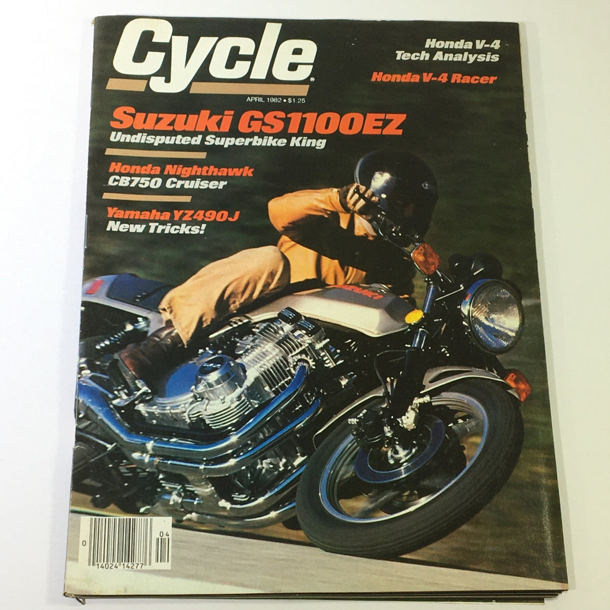 Cover of VTG Cycle Magazine April 1982 featuring the Suzuki GS1100EZ, Honda Nighthawk CB750 Cruiser, and Yamaha YZ490J with an overview of motorcycle advancements in the early 1980s.