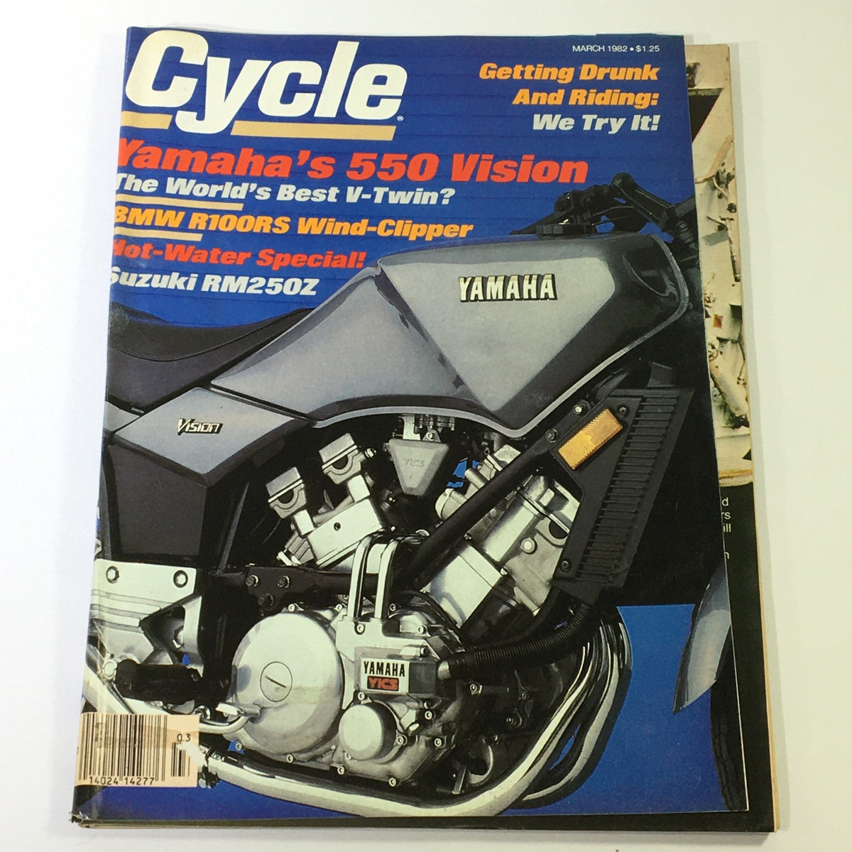 Cover of VTG Cycle Magazine March 1982 featuring Yamaha 550 Vision, BMW R100RS, and Suzuki RM250Z with headlines about motorcycle technology and reviews.