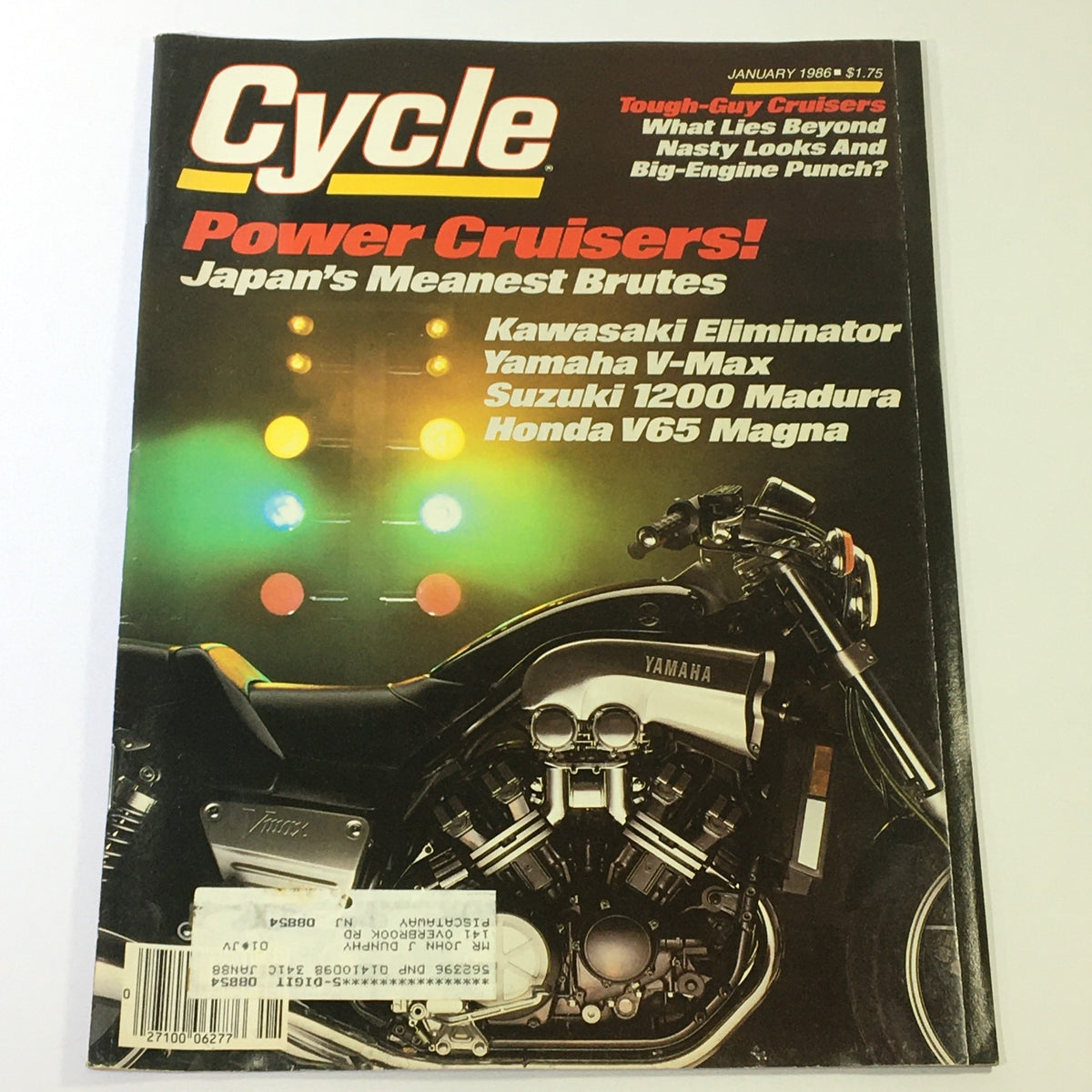 Vintage Cycle Magazine January 1986 featuring the Kawasaki Eliminator, Yamaha V-Max, and Honda V65, showcasing motorcycle culture and technology from the mid-1980s.