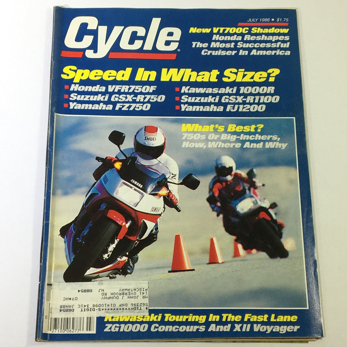 Cover of the VTG Cycle Magazine July 1986 featuring Honda VFR750F, Suzuki GSX-R750, and Yamaha FZ750, highlighting motorcycle performance and specifications.