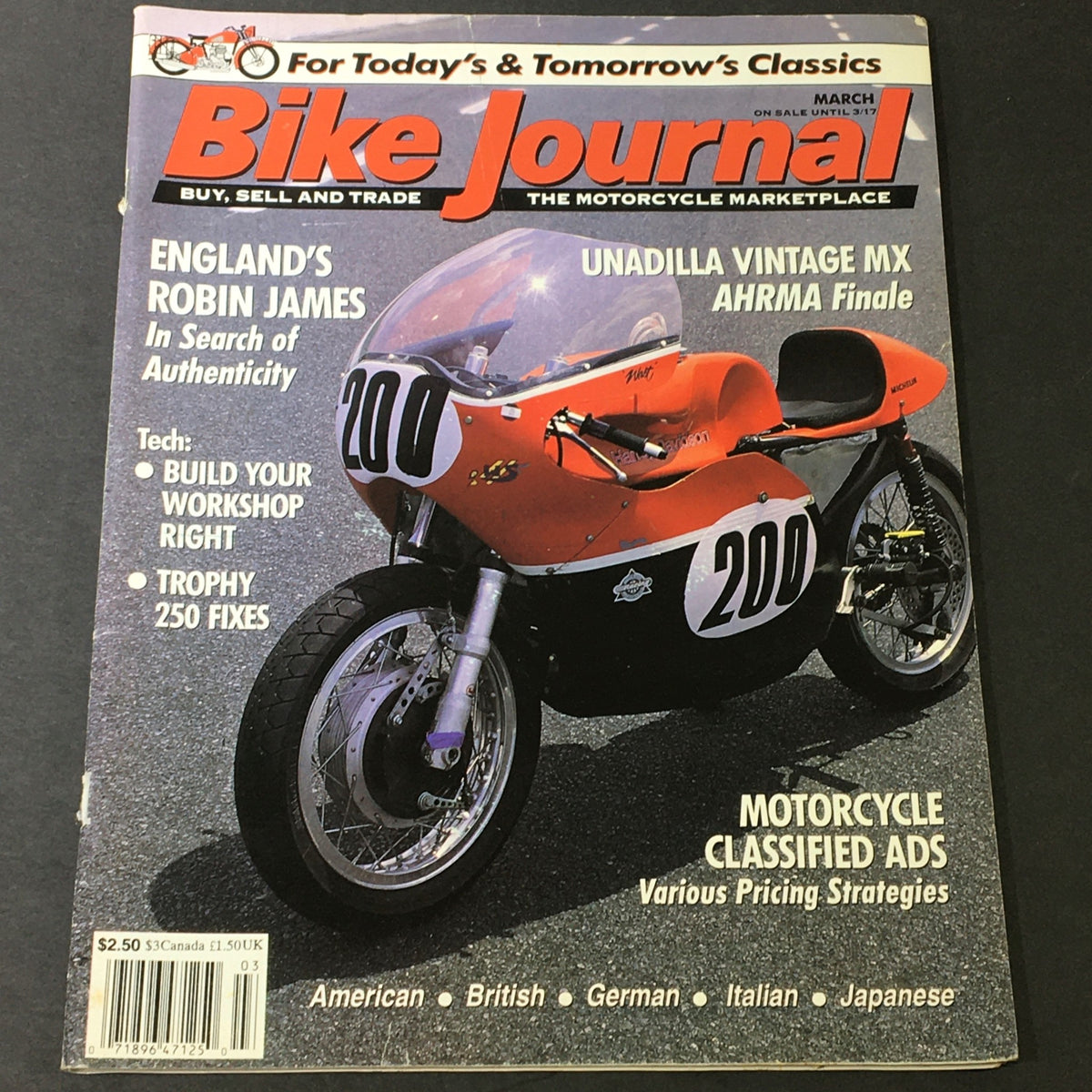 Cover image of Bike Journal Magazine March 2017 featuring a classic motorcycle and an article by Robin James on Unadilla Vintage MX AHRMA.