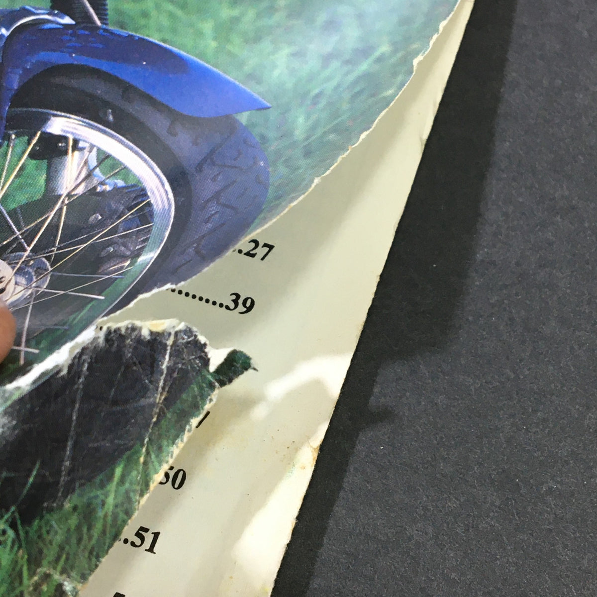 Detail of the corner of Bike Journal Magazine November 2017 showing wear and tear, highlighting its vintage character while featuring Honda GB500 vs Matchless G80 and Norton 750.