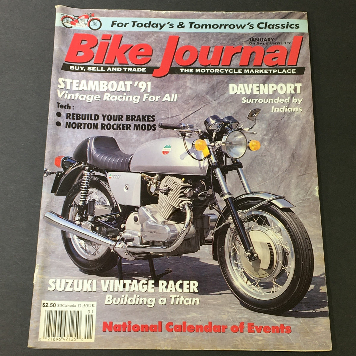 Cover of Bike Journal Magazine January 2007 featuring a Suzuki Vintage Racer and details on Norton Rocker Mods, showcasing a vintage motorcycle on display.