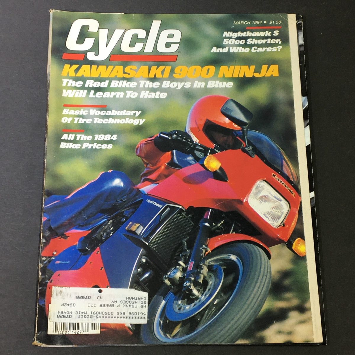 Cover of Cycle Magazine March 1984 featuring the Kawasaki 900 Ninja and Nighthawk S 50cc, showcasing a motorcyclist in action with vibrant colors and titles highlighting motorcycle technology and bike prices.