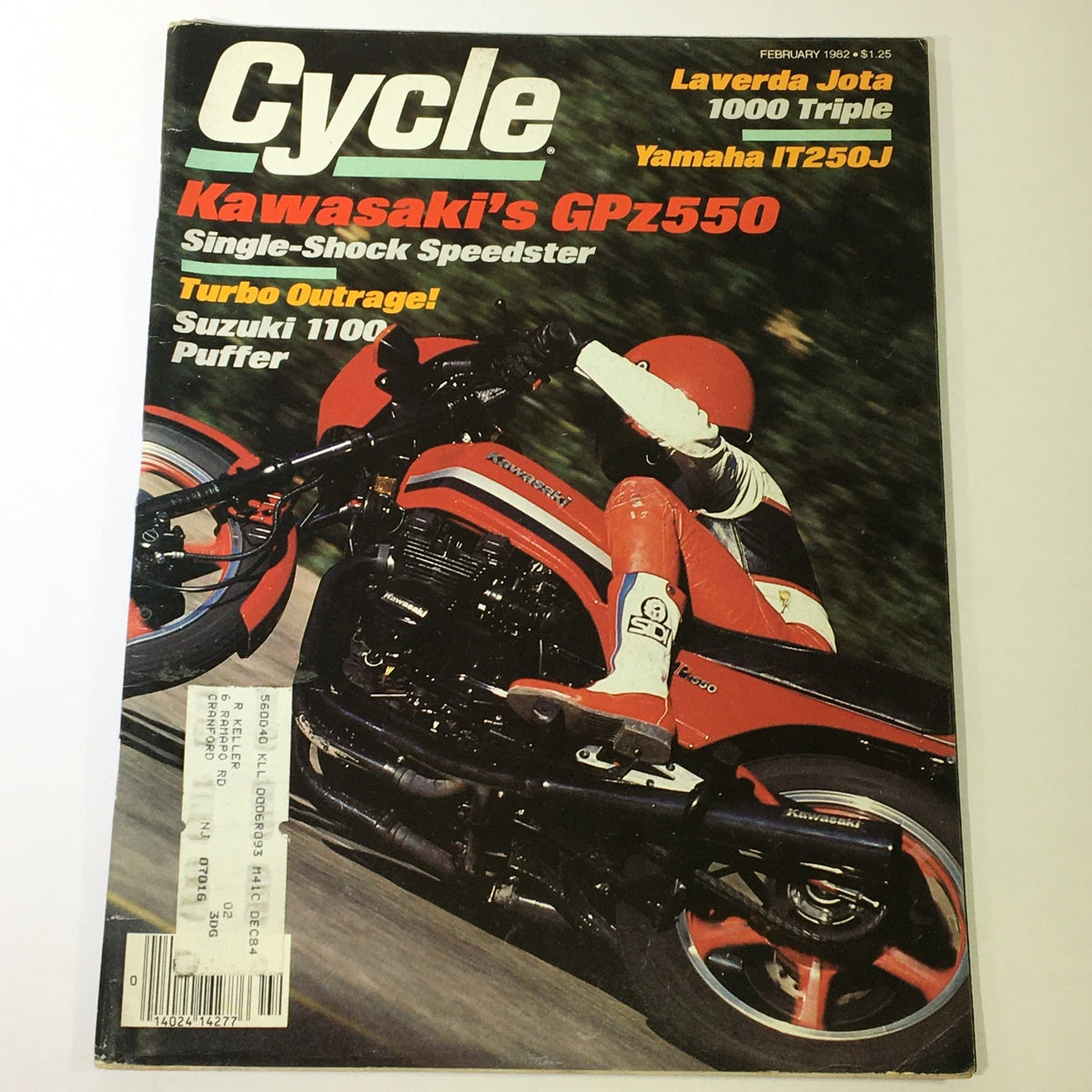 Cover of Cycle Magazine February 1982 featuring Kawasaki GPz550, Yamaha IT250J, and Suzuki 1100. The magazine includes highlights of motorcycle innovations from the early 1980s, showcasing a rider on a Kawasaki GPz550.