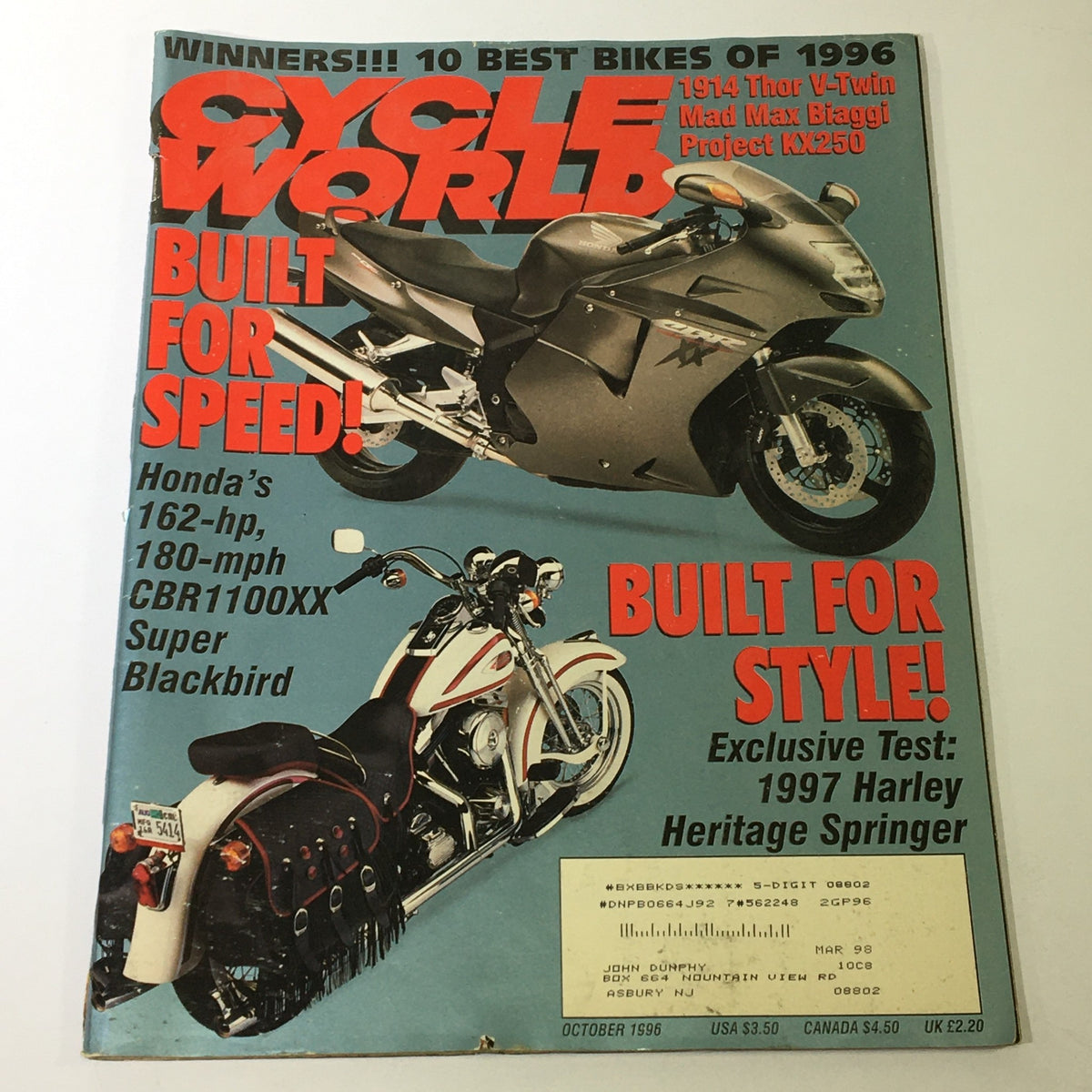 Cycle World Magazine October 1996 cover featuring Honda CBR1100XX and Thor V-Twin Project KX250, highlighting 'Built for Speed!' and 'Built for Style!' with a bright and engaging design.