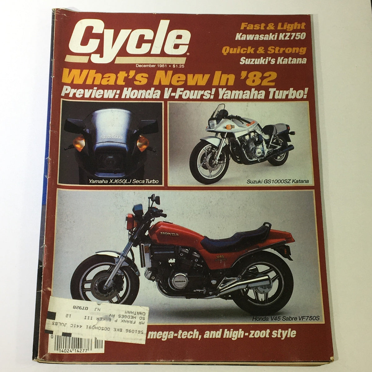 Cover of VTG Cycle Magazine December 1981 featuring iconic motorcycles like Kawasaki KZ750, Suzuki Katana, and Honda V-Four with highlights on motorcycle technology and design trends.